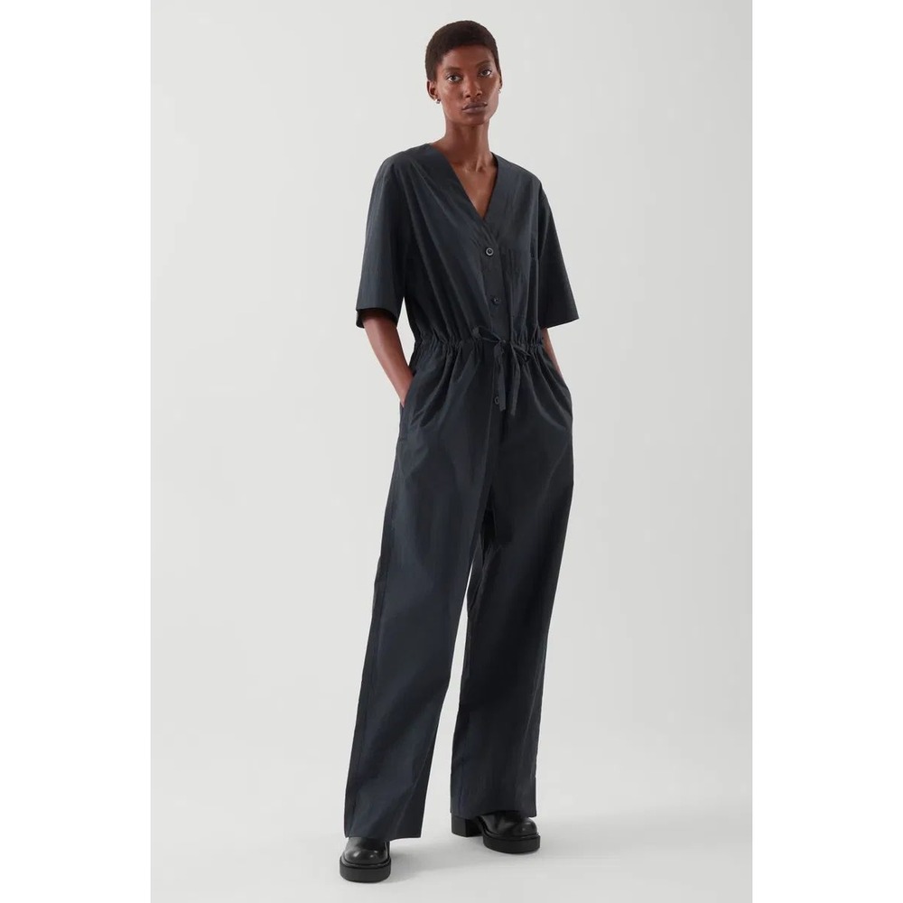 COS Womens Navy Blue Cotton Poplin Short Sleeve Drawstring Jumpsuit Small